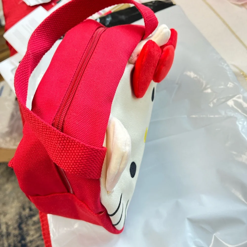 Hello Kitty Red and White Canvas Bag with plush Bow, zipper pull pearl bead, NIP